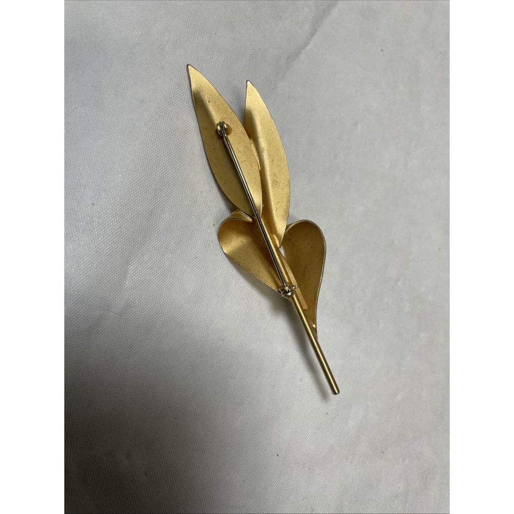 Vintage 1960's 4" Textured & Polished Gold Tone Metal Elegant Leaf Brooch Pin - Picture 2 of 5